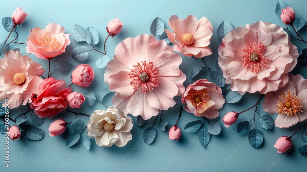  a group of pink and white flowers on a blue background with leaves and flowers in the middle of the frame.