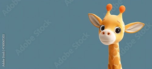 Cute cartoon giraffe on a blue background. 3d rendering, banner, copy space