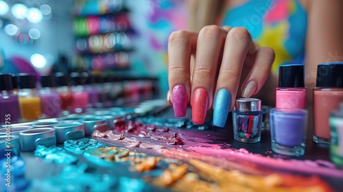 Female hand with long nails and bright pink manicure. Nail polish bottles.