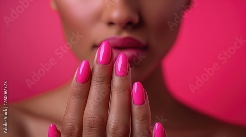 Beautiful girl with pink manicure and nail polish on pink background photo