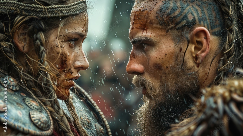 A Viking man and woman look into each other's eyes, standing in the rain, water dripping from their hair. An important couple is ready for war