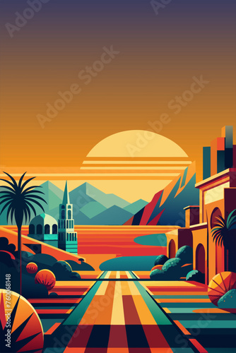 Mexican poster desert Mexico background festive backdrop with cactus for festival Cinco de mayo. Artistic illustration of a serene sunset with a colorful, geometric city foreground