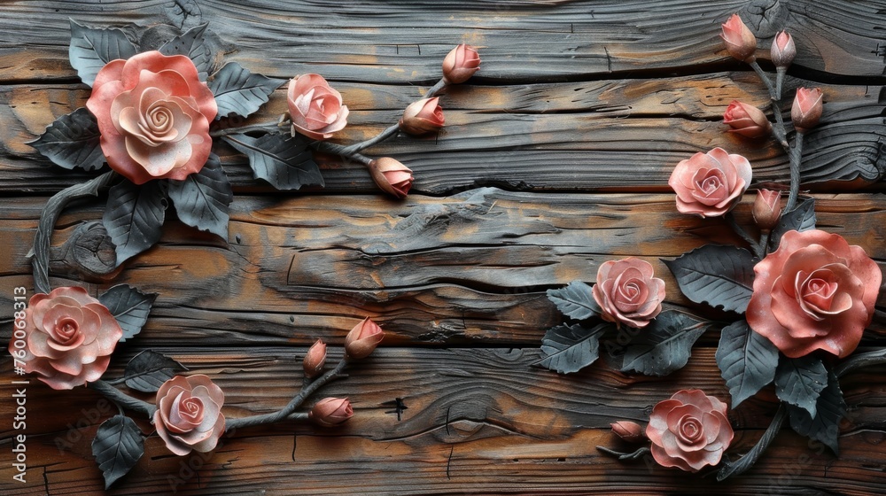  a close up of a bunch of flowers on a piece of wood with leaves and flowers growing out of it. - obrazy, fototapety, plakaty 