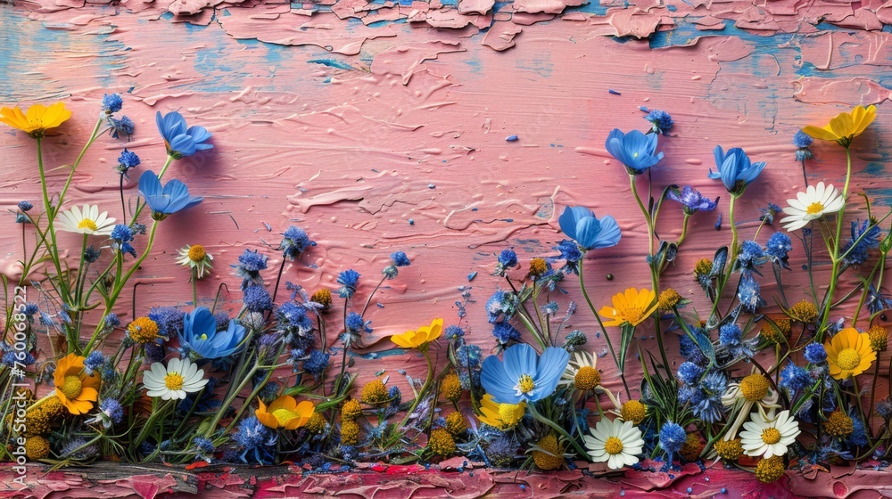  a painting of blue, yellow, and white flowers against a pink background with peeling paint peeling off the wall.