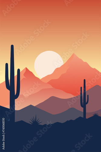 Stunning digital art illustration of a tranquil desert sunset landscape with cacti, mountains, and a warm orange color palette, perfect for southwestern travel destinations and outdoor adventure