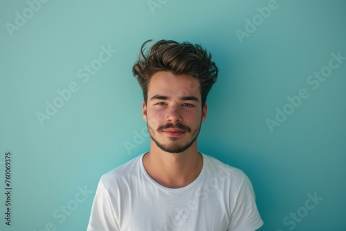 Attractive young man on blue wall banner. Trendy style man at summer time. Generate Ai photo