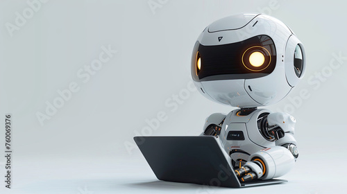 cute small robot working on laptop isolated on white background, showcasing the utility of automation in repetitive and tedious tasks. photo