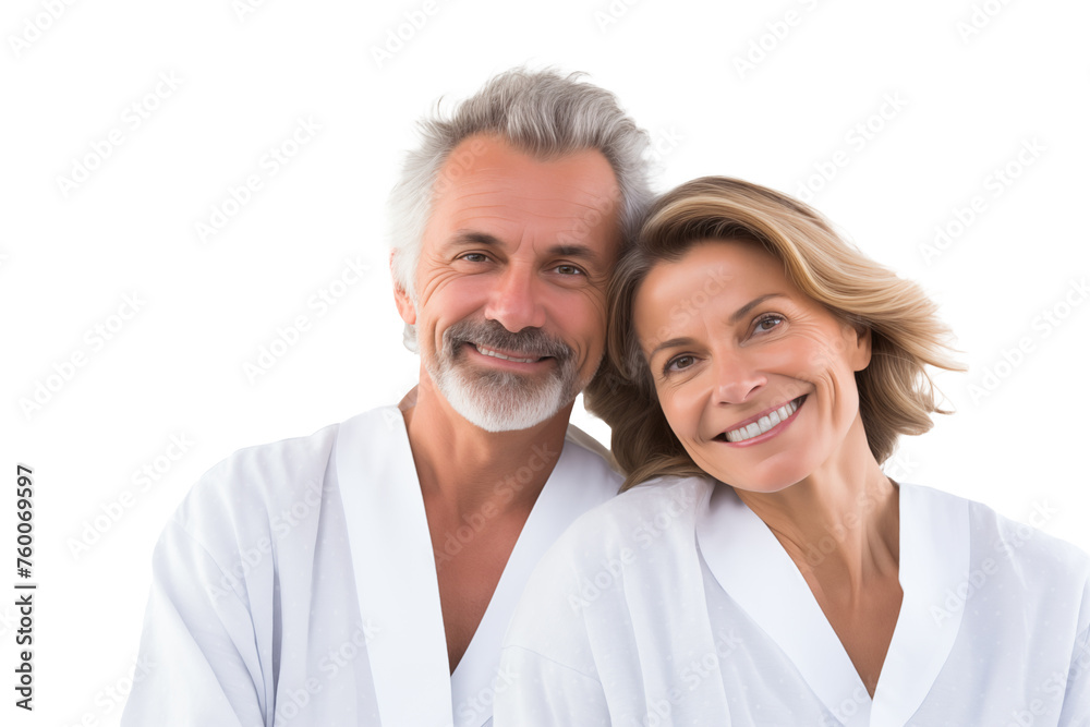 Middle aged couple in a bathrobe on isolated chroma key background Middle aged couple in a bathrobe on isolated chroma key background
