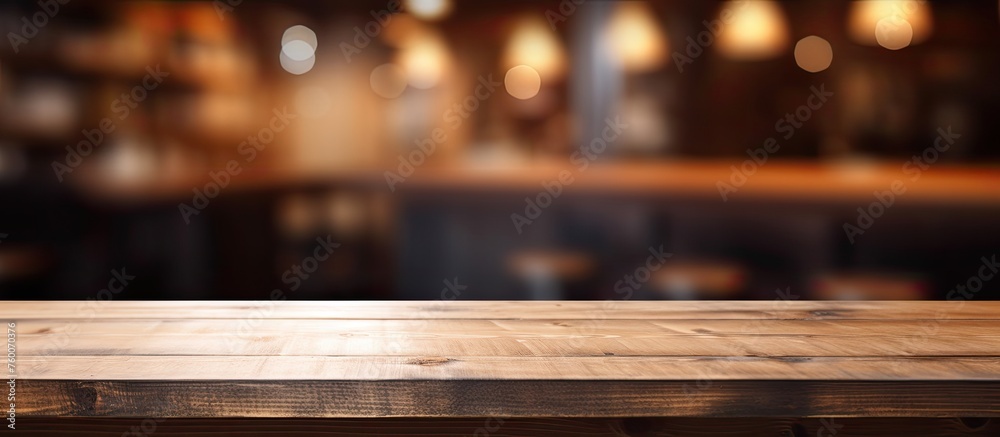 A vacant hardwood table sits against a blurred bar backdrop. The wood stain glows under the sky. Audio equipment and a musical instrument hint at a lively event A vacant hardwood table sits against a blurred bar backdrop. The wood stain glows under the sky. Audio equipment and a musical instrument hint at a lively event