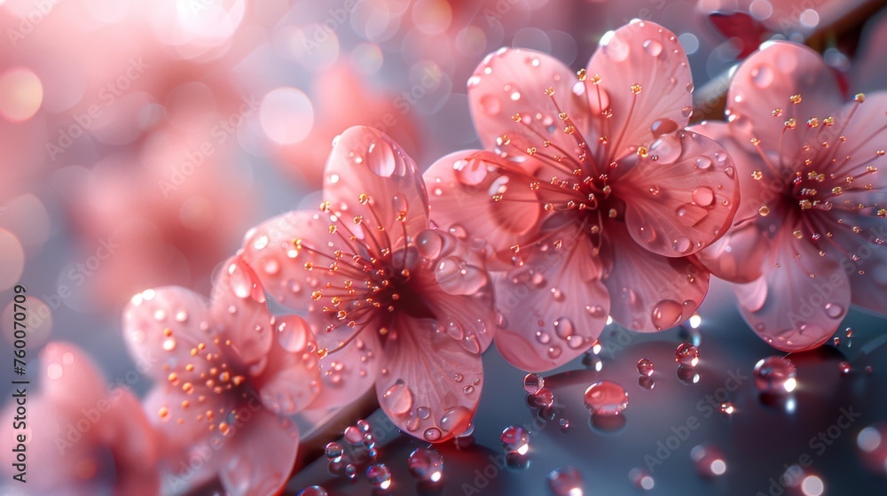  a close up of a bunch of pink flowers with drops of water on them and a blurry back ground.