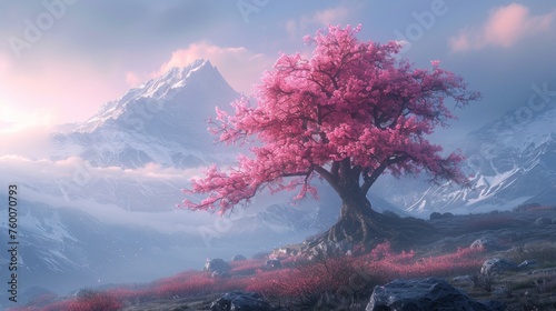  a painting of a pink tree in front of a mountain range with pink flowers in the foreground and snow capped mountains in the background. photo