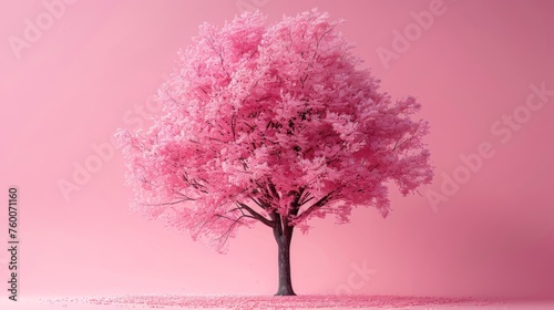  a pink tree in the middle of a pink background with lots of pink petals on the top of the tree. © Shanti