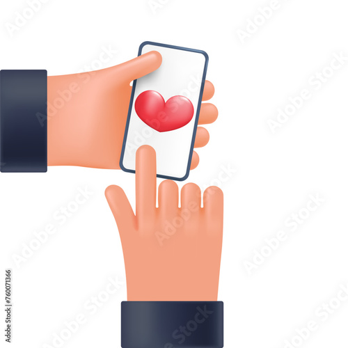 Love confession message with red heart on the phone in the user's hand, 3d style for graphic design. Phone in hands in vector cartoon comic style.