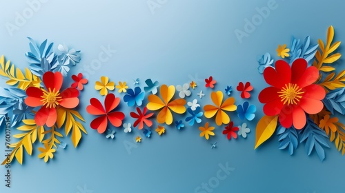 Happy Mother's day card concept, floral decorations in paper art style. Paper craft of sky, sun, red flowers on blue background. Generative ai © Iuliia Metkalova