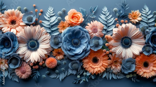  a close up of a bunch of flowers on a blue background with leaves and flowers in the middle of the frame.