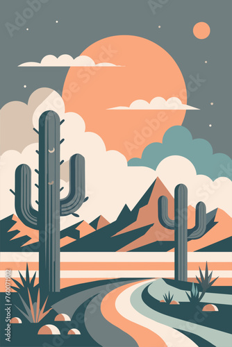 Mexican poster desert Mexico background festive backdrop with cactus for festival Cinco de mayo. Stylized vector illustration of a serene desert landscape at sunset, with cacti and mountains