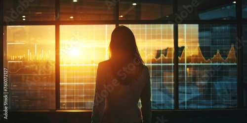 Capture the essence of ambition with this stunning image of a woman gazing at a graph-lit cityscape