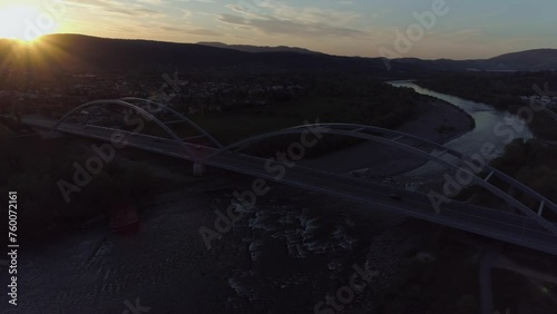 Beautiful Sunset Bridge River Nowy Sacz Aerial View Poland photo