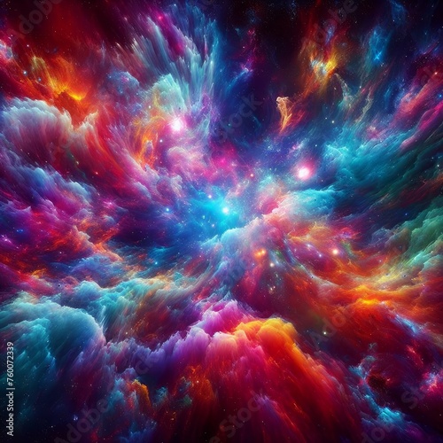 A psychedelic explosion of colors in a cosmic nebula, swirling and dancing in the vastness of space.