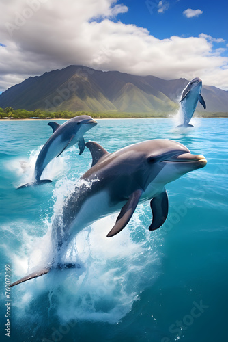 Spectacular Display of Playful Dolphins Leaping From Azure Ocean Amidst the Bright Rays of the Sun