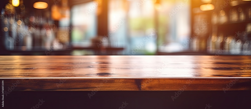 A hardwood rectangle table with wood stain sits in a restaurant, the blurry background reveals tints and shades of the buildings exterior and the sky on the horizon