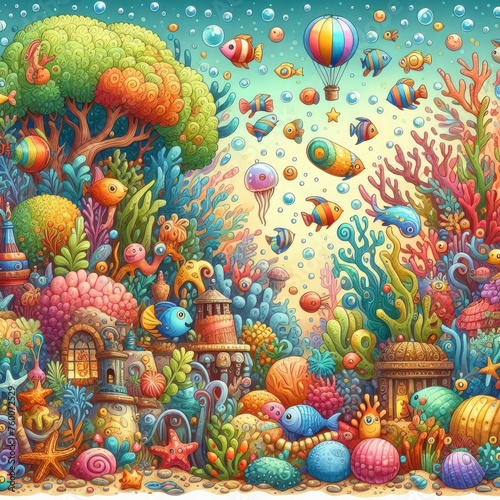 A whimsical underwater world teeming with colorful coral reefs, playful fish, and hidden treasures.