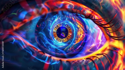 Illustration of the All-Seeing Eye is Very Colorful and Dynamic with Volumetric Lighting. photo