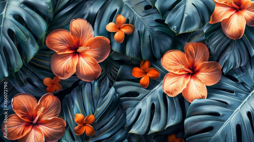  a painting of orange flowers and leaves on a blue background with a green leafy plant in the foreground.