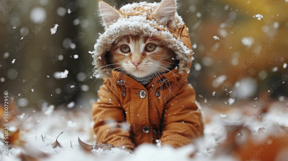  a cat wearing a jacket and a hat in a snow storm, looking at the camera with a surprised look on its face.