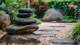 The stone pyramid in the garden symbolizing zen is harmony and a symbol of balance.