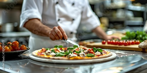 In a busy kitchen an experienced chef prepares a mouthwatering pizza. Concept Cooking, Pizza, Food Photography, Chef, Culinary Art
