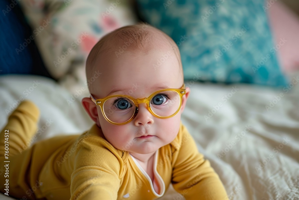 Baby wearing glasses. Fun portrait. Generate Ai