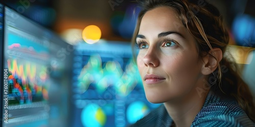 Close-up of female professional examining financial data on a computer screen. Concept Close-up Photography, Female Professional, Financial Data, Computer Screen, Business Analysis