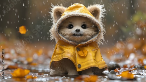  a small teddy bear dressed in a yellow jacket and raincoat sitting in the middle of a puddle of water.
