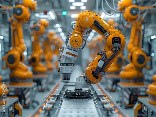 Yellow industrial robot arm at production line at modern factory. Yellow robot arm in maintenance unit. Industrial robot arms in factory.