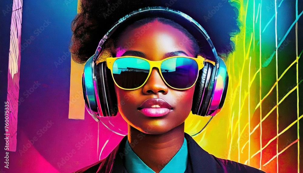 beautiful black woman with colorful headphones and sunglasses beautiful black woman with colorful headphones and sunglasses