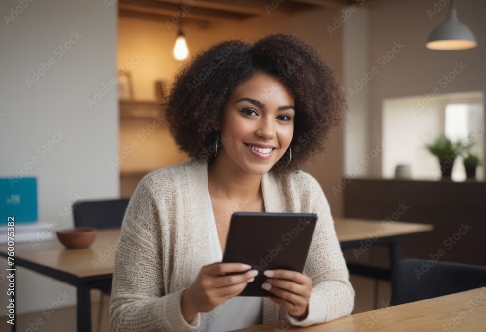 Woman in cozy sweater using tablet, office background. Engaged and smiling at screen. Woman in cozy sweater using tablet, office background. Engaged and smiling at screen.