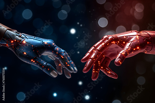 Futuristic design robotic mechanical arms on bokeh background. Artificial Intelligence, human machine interaction, digital technology. Machine learning, technology concept. Design for banner, poster photo