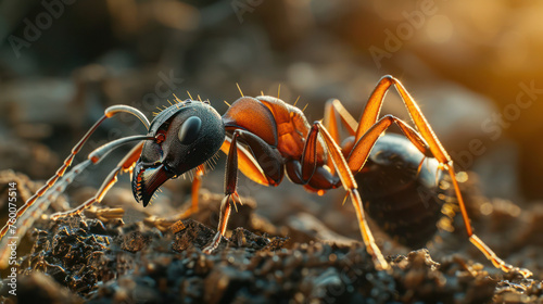 A macro illustration of a beautiful ant on the ground with clear details of its external anatomy