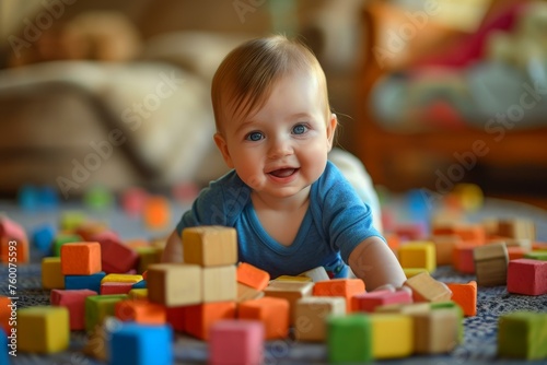 Curly adorable baby playing with colorful blocks. Toddler plays in constructing colorful wooden cubs game. Generate ai