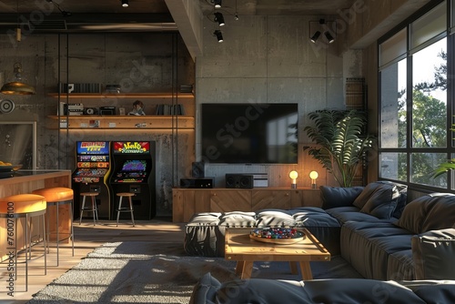 Modern loft style room with lots of toys like video games. photo