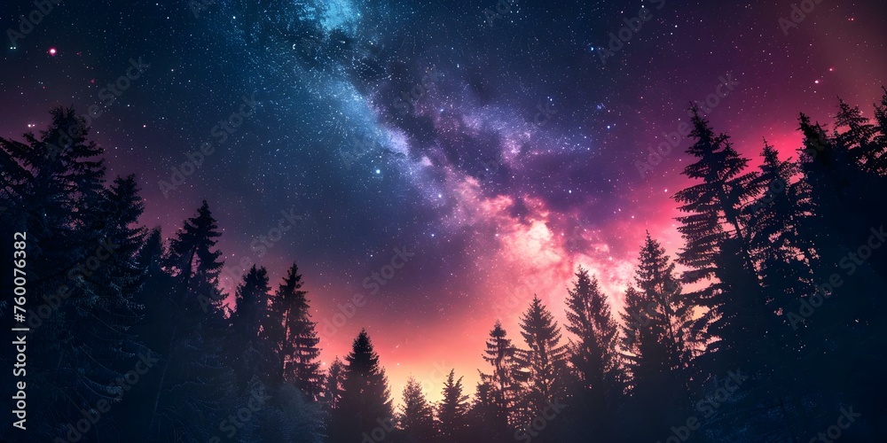 Mesmerizing Night Scene: Enchanting Forest with Northern Lights and Starry Sky. Concept Nature Photography, Nighttime Landscapes, Starry Skies, Aurora Borealis, Enchanting Forests
