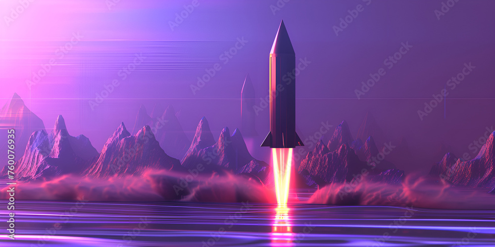 A sleek, futuristic rocket taking off amidst a striking alien landscape with a powerful pinkish glow from its engines. Otherworldly atmosphere. Gen AI