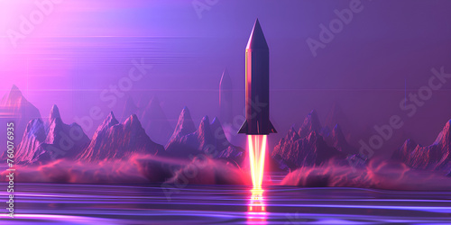 A sleek  futuristic rocket taking off amidst a striking alien landscape with a powerful pinkish glow from its engines. Otherworldly atmosphere. Gen AI