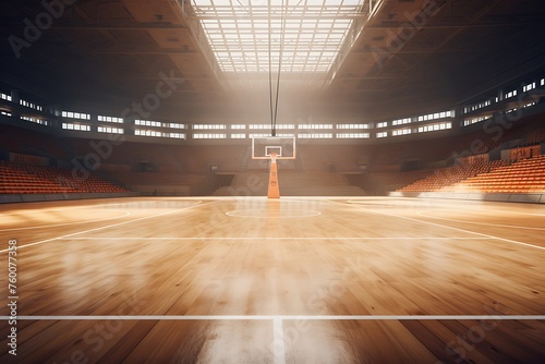 Empty basketball court with lights and spotlights in the night. Sport background © Creative