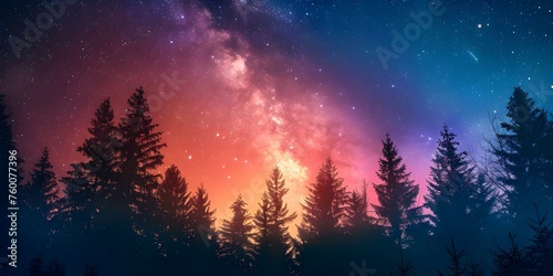 Enchanting Night Forest Scene with Vibrant Northern Lights and Starry Sky. Concept Night Photography, Enchanting Forest, Northern Lights, Starry Sky, Vibrant Colors