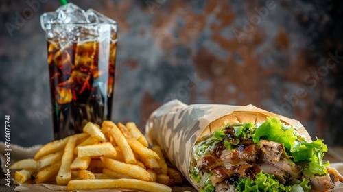 Turkish Döner Chicken with Paper-wrapped Lettuce, Fries, and Cola Generative AI