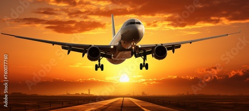 Large passenger jet taking off from airport runway at sunset with landing gear down