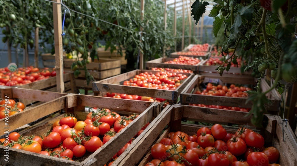 Lush Greenhouse Filled with Ripe Tomato Crates Generative AI Lush Greenhouse Filled with Ripe Tomato Crates Generative AI