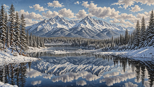 Wonderful winter, clear mountains, detailed lake reflection, clear skyes photo
